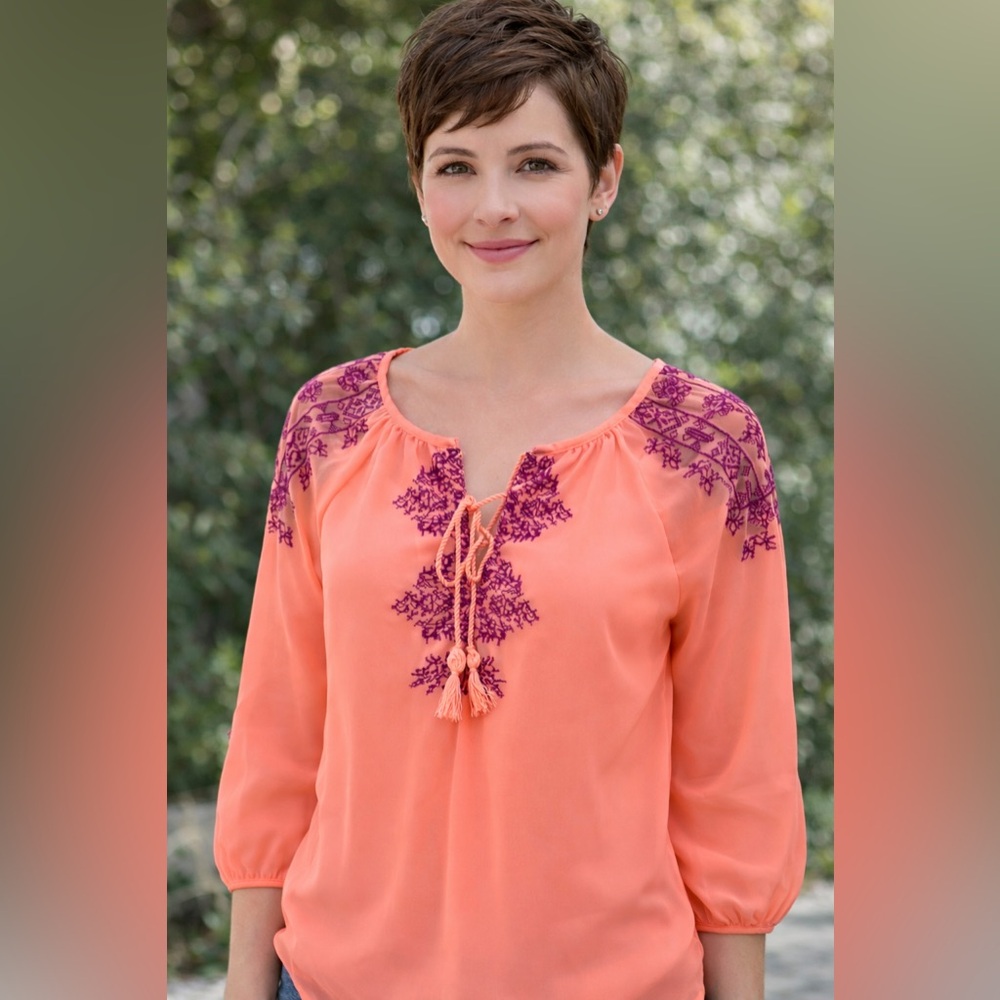 AEO blouse top XS coral embroidered 3/4 sleeve tassel tie sheer peasant fairy